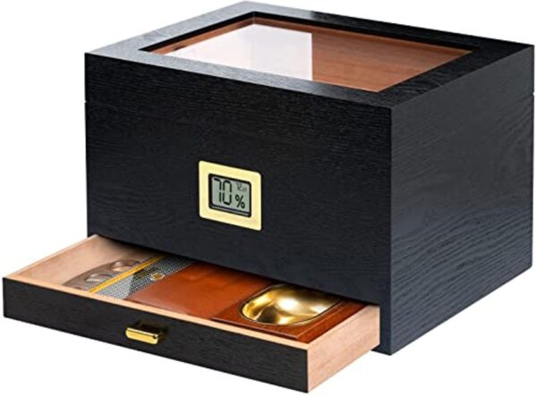 Epress Handmade Cigar Humidors Box, Spanish Wood Cedar Cigar Case with Front Digital Hygrometer and Accessory Drawer, Glass-Top Box Set with Humidifier (50-80 Cigar Capacity)