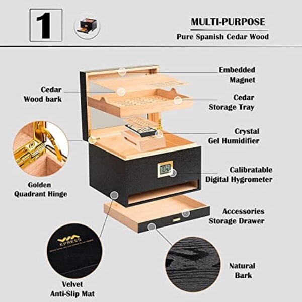 Epress Handmade Cigar Humidors Box, Spanish Wood Cedar Cigar Case with Front Digital Hygrometer and Accessory Drawer, Glass-Top Box Set with Humidifier (50-80 Cigar Capacity) - Image 3