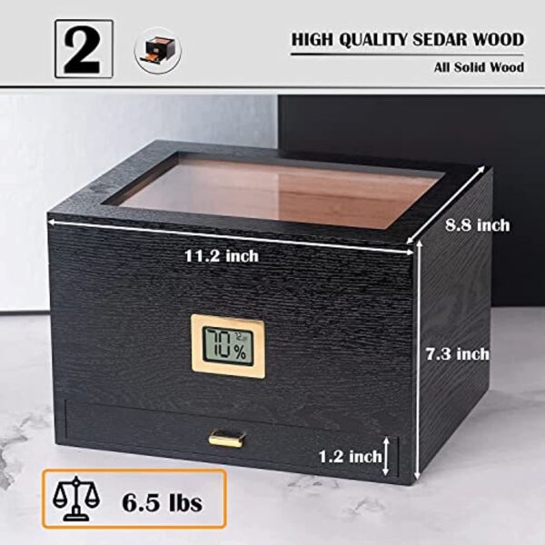 Epress Handmade Cigar Humidors Box, Spanish Wood Cedar Cigar Case with Front Digital Hygrometer and Accessory Drawer, Glass-Top Box Set with Humidifier (50-80 Cigar Capacity) - Image 4