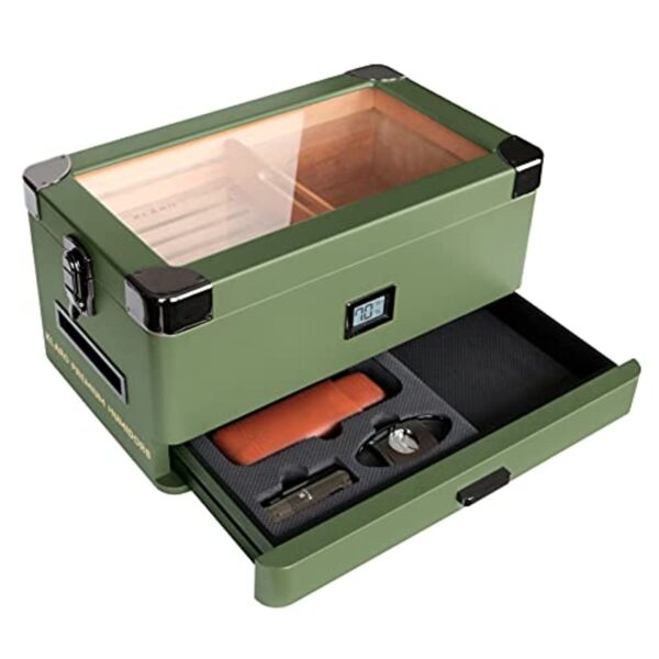 Military Glass Top Humidor Matte Green with Front Digital Hygrometer, Spanish Cedar, Humidor Solution, Hydro System, and Accessory Foam Drawer - Holds (50-100 Cigars) by Klaro