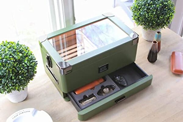 Military Glass Top Humidor Matte Green with Front Digital Hygrometer, Spanish Cedar, Humidor Solution, Hydro System, and Accessory Foam Drawer - Holds (50-100 Cigars) by Klaro - Image 7