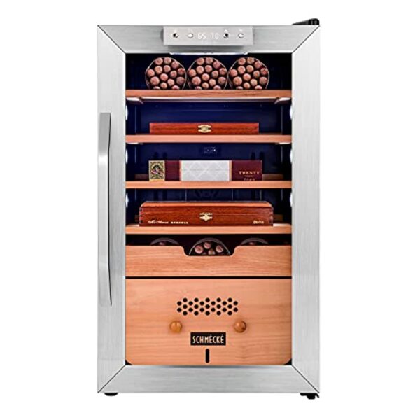 400 Cigar Humidor with 3 in 1 Precise Cooling, Heating & Humidity Control, Stainless Steel Trim Finish Cabinet, Spanish Cedar Wood Shelves and Drawer with Built in Digital Hygrometer