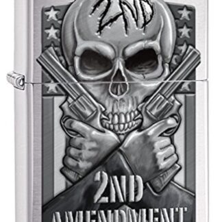Zippo Custom Lighter: Second Amendment, Skull and Guns - Brushed Chrome 78702