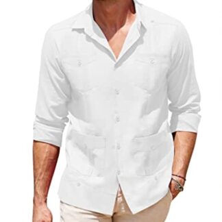 COOFANDY Men's Long Sleeve Cuban Guayabera Shirt Casual Button Down Cotton Linen Beach Wedding Shirt