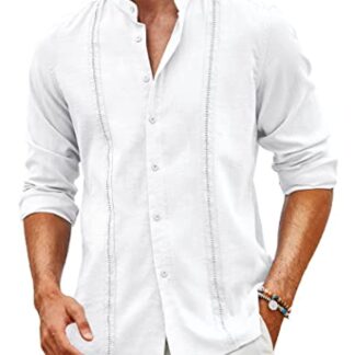 COOFANDY Men's Cuban Guayabera Shirts Linen Casual Long Sleeve Button Down Shirt Band Collar Summer Beach Tops