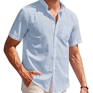 COOFANDY Men's Cotton Linen Shirt Regular Fit Short Sleeve V Neck Button Down Summer Shirt Beach T Shirts