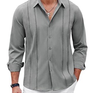 COOFANDY Mens Cuban Guayabera Shirt Casual Button Down Shirts Long Sleeve Beach Linen Shirts