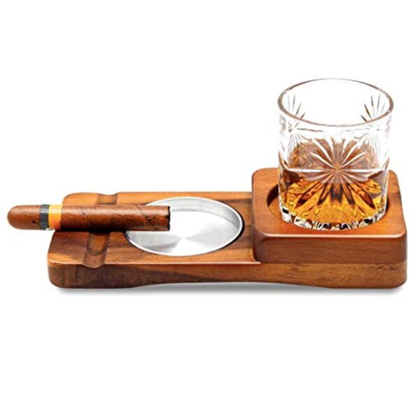 Cigar Ashtray & Whiskey Glass Tray, Rustic Wooden Cigar Tray, Slot to Hold Cigar, Cigar Rest, Decor for Bar, Office or Home, Cigar Accessory Gift Set for Men