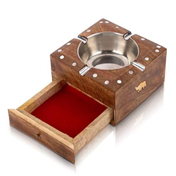 Handcrafted Cigarette Smoking Wooden Ashtray With Compartment For Home Living Room Office Patio Poker Coffee Tabletop For Cigarettes Unique Vintage Decorative Square Indoor Outdoor Ash Holder