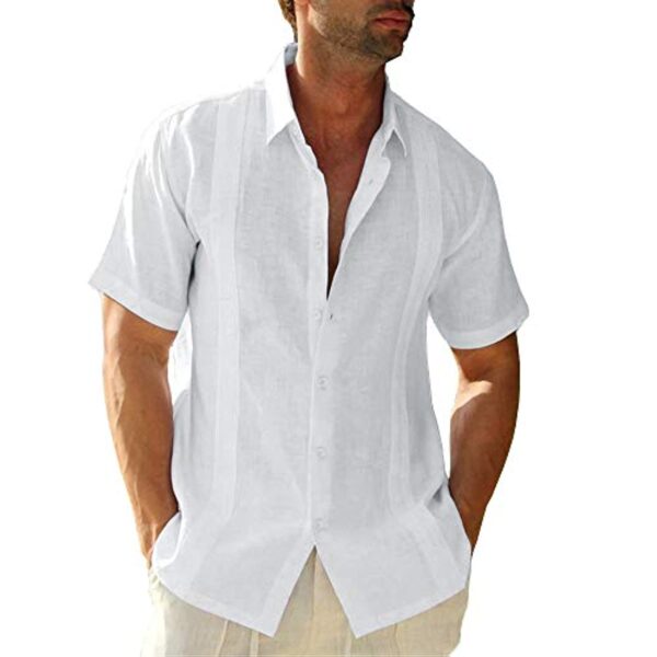 Hestenve Mens Short Sleeve Cuban Camp Guayabera Shirt Linen Cotton Hippie Beach Button Down Shirts