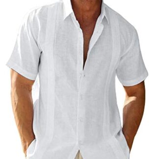 Men's Guayabera Shirts Linen Cuban Camp Short Sleeve Regular-Fit Button-Down Cotton Casual Shirt Beach Tops