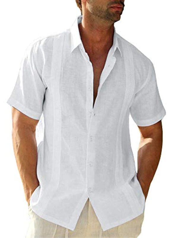 Men's Guayabera Shirts Linen Cuban Camp Short Sleeve Regular-Fit Button-Down Cotton Casual Shirt Beach Tops