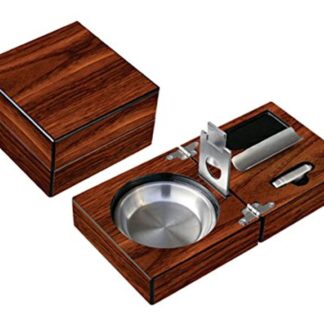 Prestige Import Group Folding Wood Cigar Ashtray Set with Guillotine Cutter, Punch Cutter, Cigar Bed and Stainless Steel Ash Reservoir - Color: Walnut