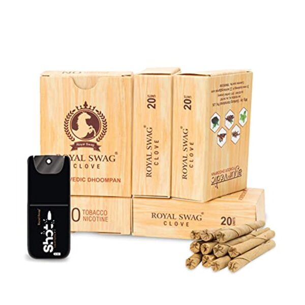 ROYAL SWAG Ayurvedic & Herbal Long Filtered Bidi Smoke (Pack of 5 X 20 Bidi Sticks Per Pack) with 12 ml Shot to Stop Nicotine Craving Tobacco Free Dhoompan Helps in Quit Smoking (100 Sticks, 1 Shot)