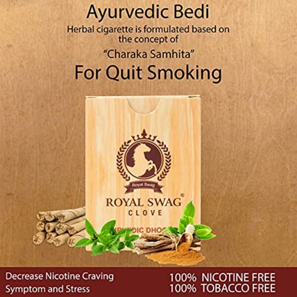 ROYAL SWAG Ayurvedic & Herbal Long Filtered Bidi Smoke (Pack of 5 X 20 Bidi Sticks Per Pack) with 12 ml Shot to Stop Nicotine Craving Tobacco Free Dhoompan Helps in Quit Smoking (100 Sticks, 1 Shot) - Image 4