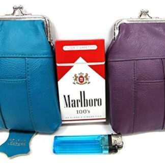 2pc Set Genuine Leather Cigarette Case Pouch Purple + Blue-Green Fit 100s, King Regular Pack