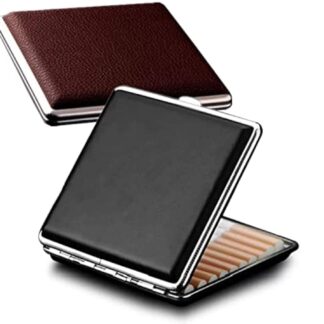 Cigarette Case Stylish Leather Surface Metal Box for 20 Cigarettes Cigarette Box for Men and Women Ideal Gift for Smoker 2 Boxes 84mm Regular Size(Black + Brown)