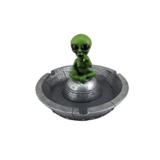 DWK Out Of This World Green Alien Smoking on UFO Martian Novelty Ashtray 420 Cigarettes Galaxy Stoner Gifts Flying Saucer ET Ashtray Home Decor - 6" inches