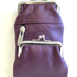 Deluxe Genuine Leather Cigarette and Lighter Case with Zipper Pocket Twist Clasp Kiss Lock Closure Fit 100's - Purple