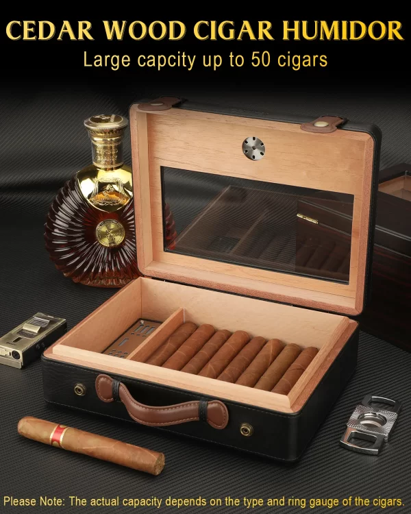 Cigar Humidor,Travel Humidor Box with Glass Top,Humidifier Hygrometer Gauge,Cigar Case Cedar Wood Lining up to 50pcs - Image 4