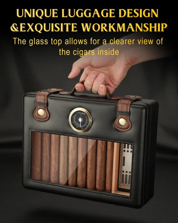Cigar Humidor,Travel Humidor Box with Glass Top,Humidifier Hygrometer Gauge,Cigar Case Cedar Wood Lining up to 50pcs - Image 3