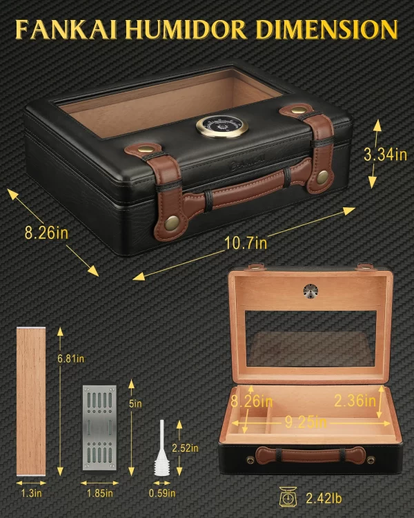 Cigar Humidor,Travel Humidor Box with Glass Top,Humidifier Hygrometer Gauge,Cigar Case Cedar Wood Lining up to 50pcs - Image 2