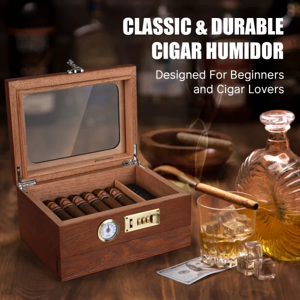 Cigar Humidor Cedar Wood Humidor Cigar Box Glass Top Desktop Humidor with Front Hygrometer Humidifier Divider Accessories Drawer - Image 6