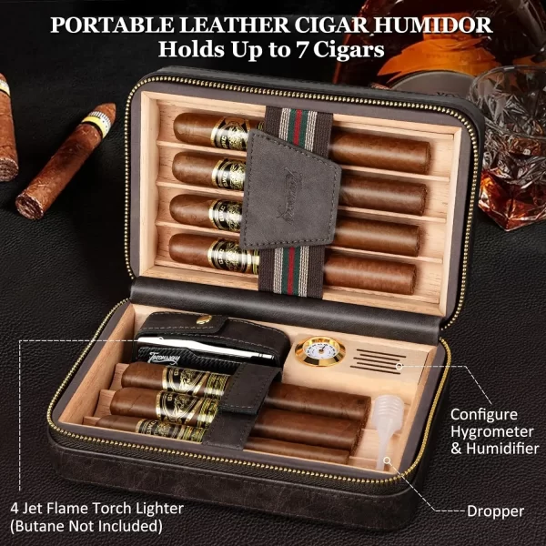Travel Humidor Cigar Case&Cigar Lighter,Leather Cigar Case with Cedar Wood Tray,Hygrometer,Humidifier,Cigar Accessories for Men - Image 2