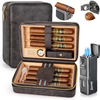 Travel Humidor Cigar Case&Cigar Lighter,Leather Cigar Case with Cedar Wood Tray,Hygrometer,Humidifier,Cigar Accessories for Men