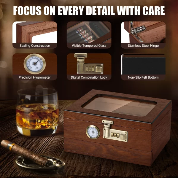Cigar Humidor Cedar Wood Humidor Cigar Box Glass Top Desktop Humidor with Front Hygrometer Humidifier Divider Accessories Drawer - Image 3
