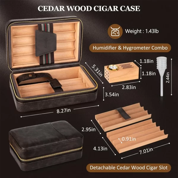 Travel Humidor Cigar Case&Cigar Lighter,Leather Cigar Case with Cedar Wood Tray,Hygrometer,Humidifier,Cigar Accessories for Men - Image 3