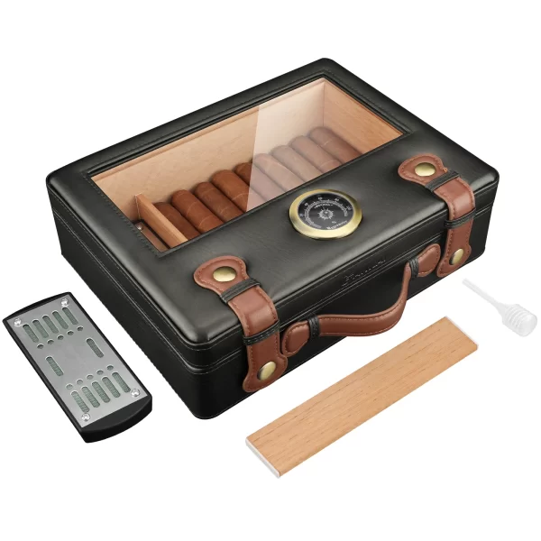 Cigar Humidor,Travel Humidor Box with Glass Top,Humidifier Hygrometer Gauge,Cigar Case Cedar Wood Lining up to 50pcs