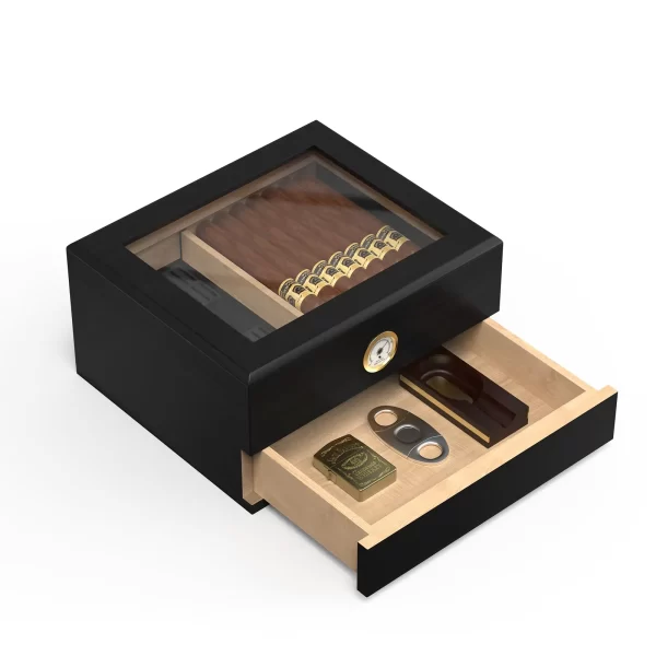 Cigar Humidor Case with Mechanical Hygrometer, Cigar Humidor Glass Top Cigar Case Humidifiers, Humidor Box Cigar Cases for Men