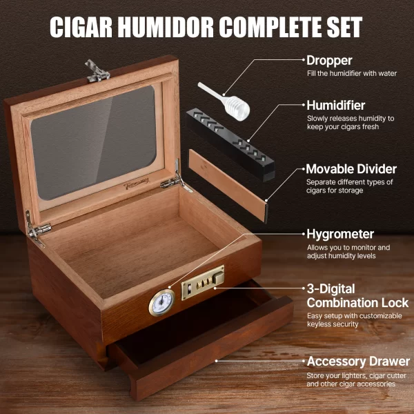 Cigar Humidor Cedar Wood Humidor Cigar Box Glass Top Desktop Humidor with Front Hygrometer Humidifier Divider Accessories Drawer - Image 2