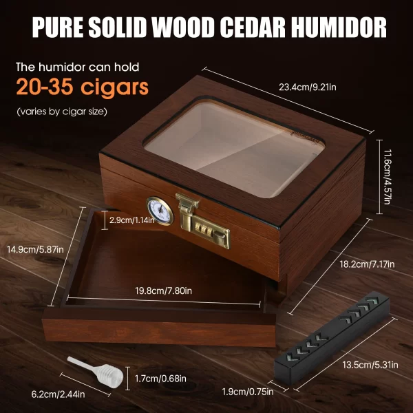 Cigar Humidor Cedar Wood Humidor Cigar Box Glass Top Desktop Humidor with Front Hygrometer Humidifier Divider Accessories Drawer - Image 4